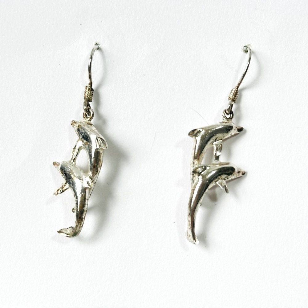 Vintage Sterling Silver Twin Leaping Dolphin Dangle Earrings